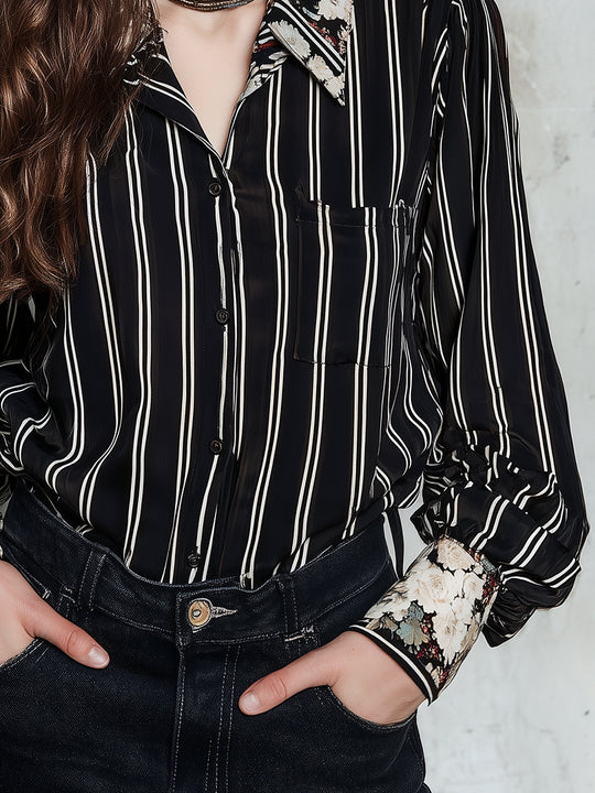 Retro Striped Oil Painting Floral Satin Blouse