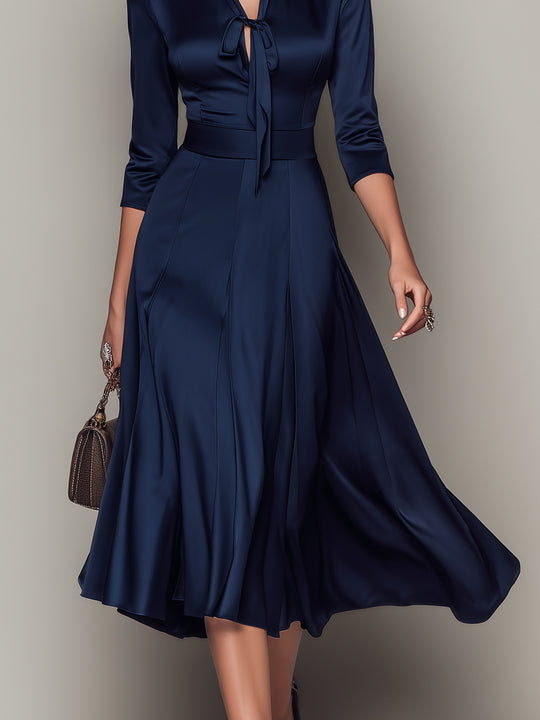Elegant Neckline Tie-detail Satin Midi Dress
