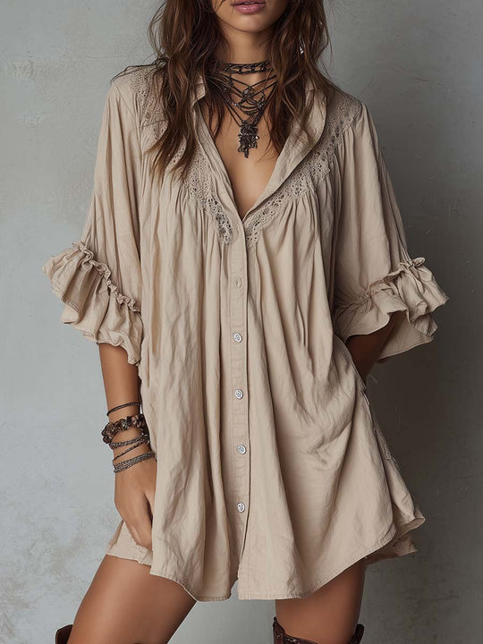 Retro Ruffle Cuffs Cotton Linen Mini Dress