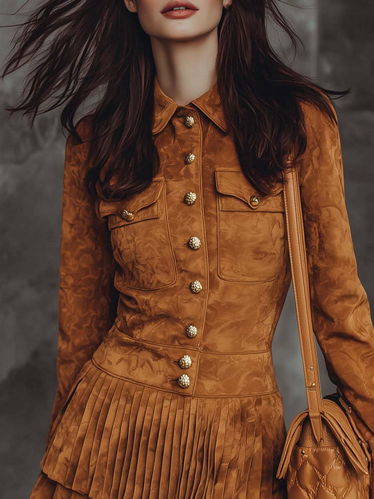 Vintage Button-down Pleated Hem Polyester Suede Mini Dress