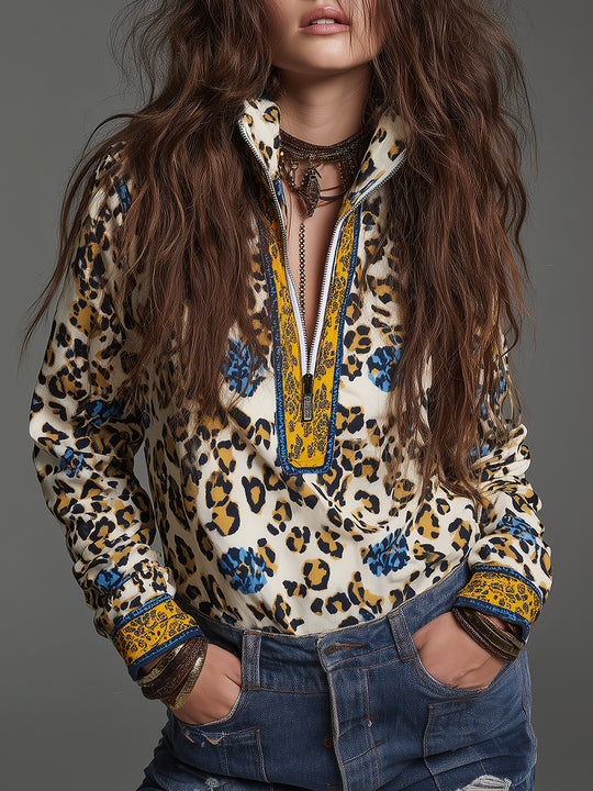 Retro Leopard Print Blouse With Front Zipper And Stand-up Collar.