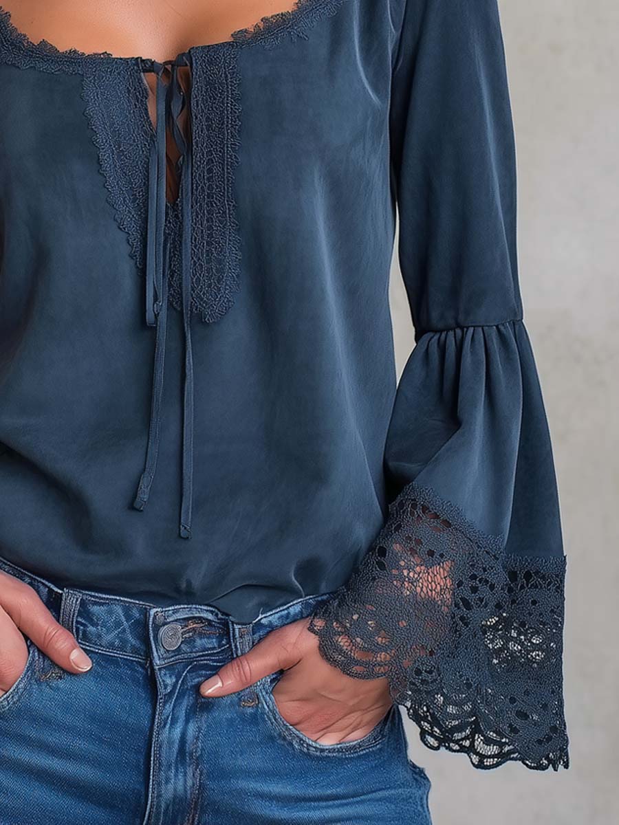 Vintage Lace-trimmed Polyester Suede Blouse