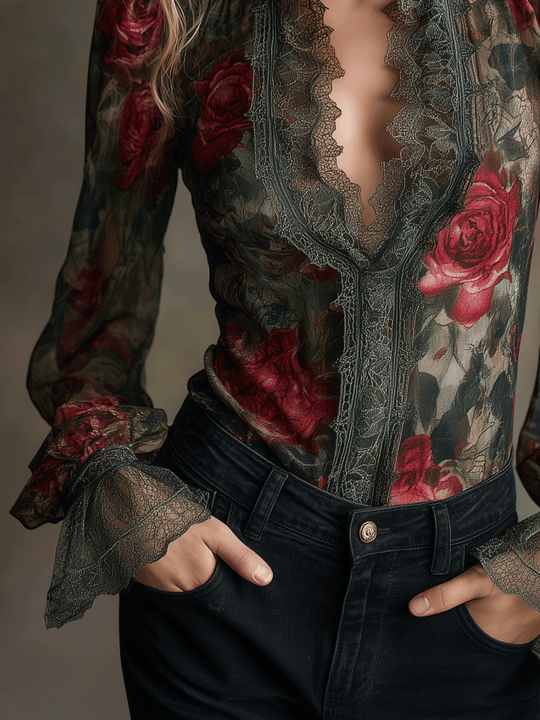 Vintage Romantic Rose Floral Lace Sheer Blouse