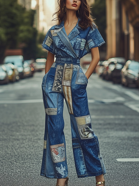 Fashion Art Blue Patchwork Denim Jumpsuit