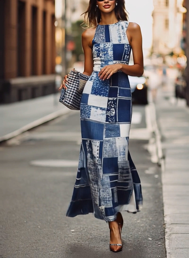 Fashionable Suspender Patchwork Print Maxi Dress