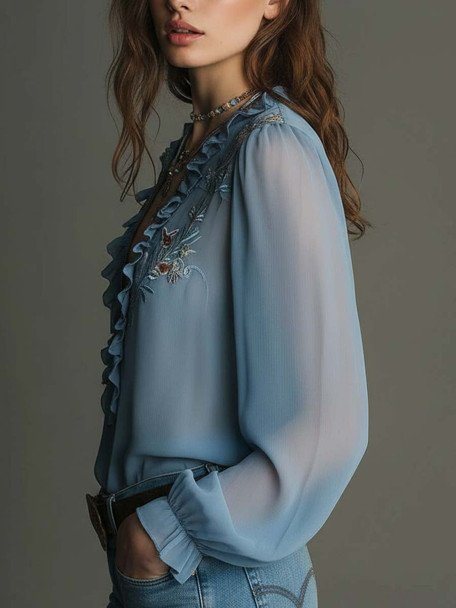 Embroidered Ruffled Zip-Front Chiffon Blouse – Mist Blue