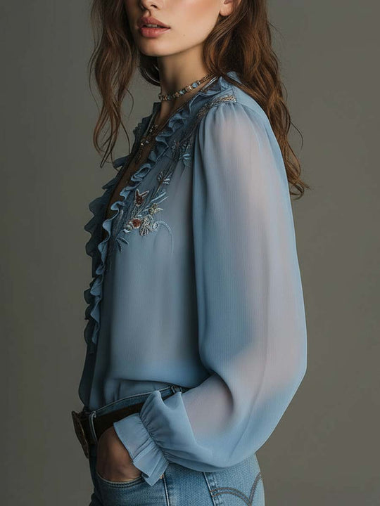 Embroidered Ruffled Zip-Front Chiffon Blouse – Mist Blue