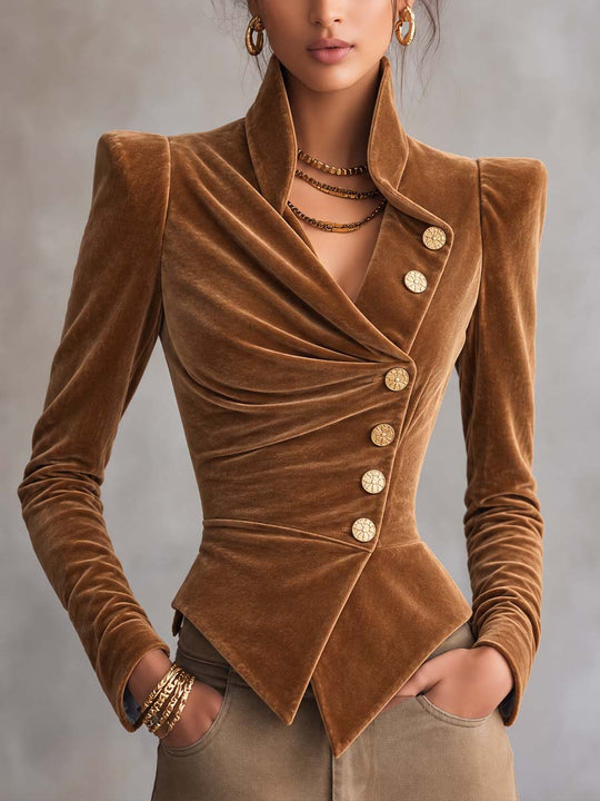 Caramel Brown Velvet Structured-Shoulder Jacket with Asymmetrical Button Front