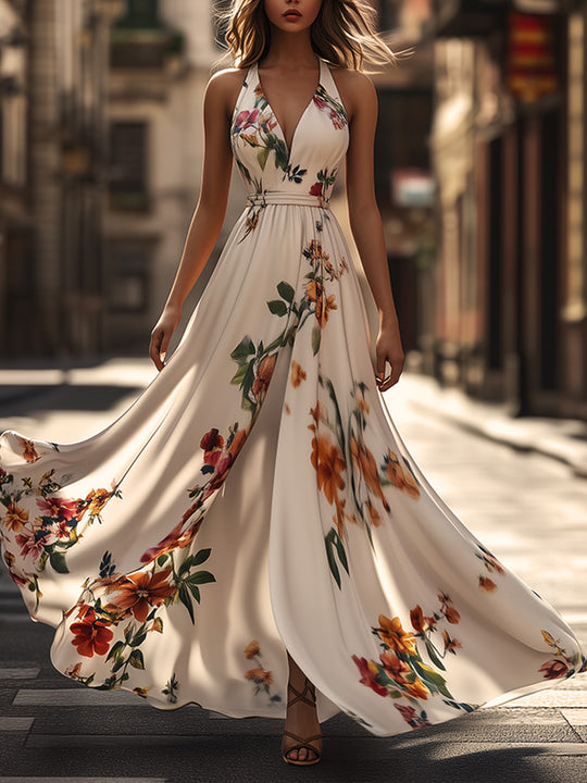 Bohemian V-neck Halter Neck Floral Holiday Maxi Dress