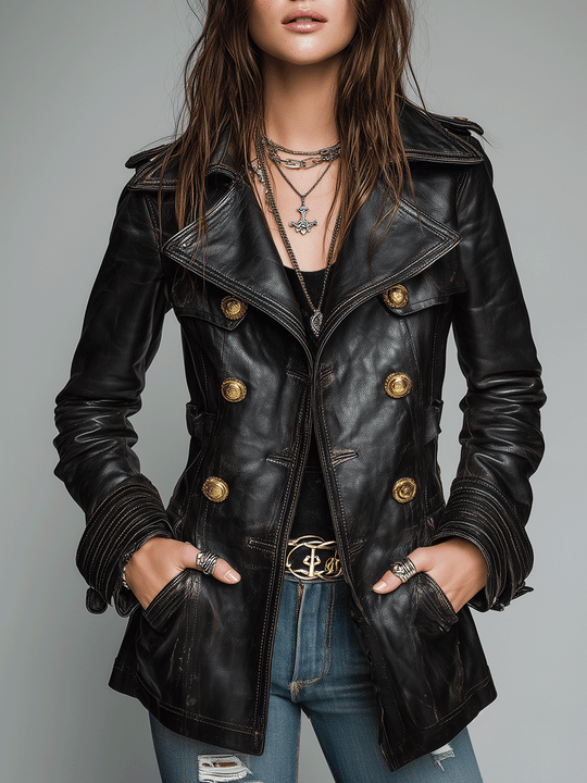 Vintage Black Double-Breasted Faux Leather Jacket