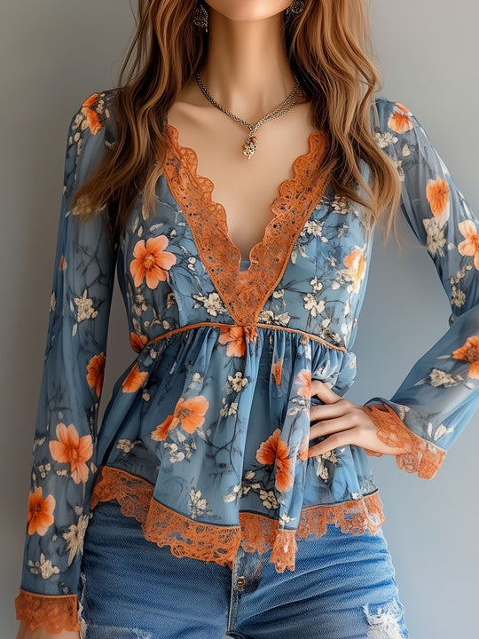 Boho Floral Printed Lace Trim Chiffon Blouse