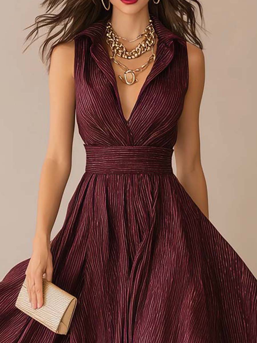 Vintage Wine Pleated Waist Midi Dress