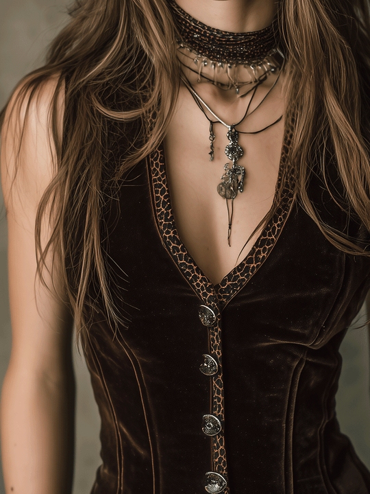 Retro Velvet Fitted Animal-Print Piping Vest