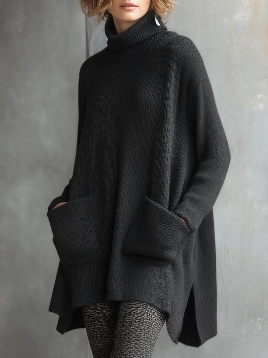 Vintage Wool Turtleneck High-low Sweater With Patch Pockets