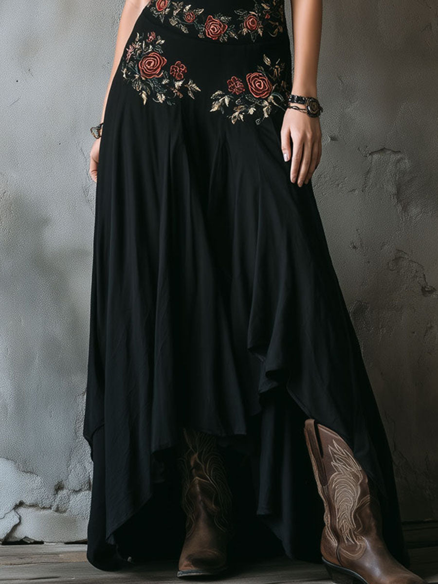 Boho Black Embroidered Halter Neck Maxi Dress