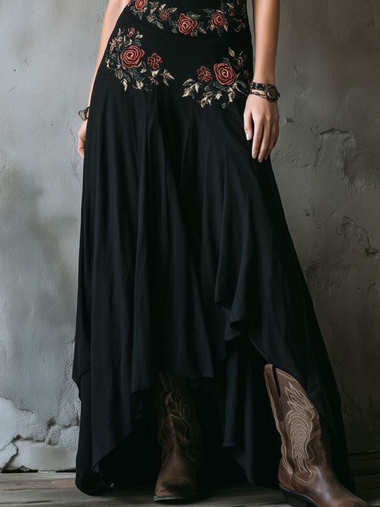 Boho Black Embroidered Halter Neck Maxi Dress