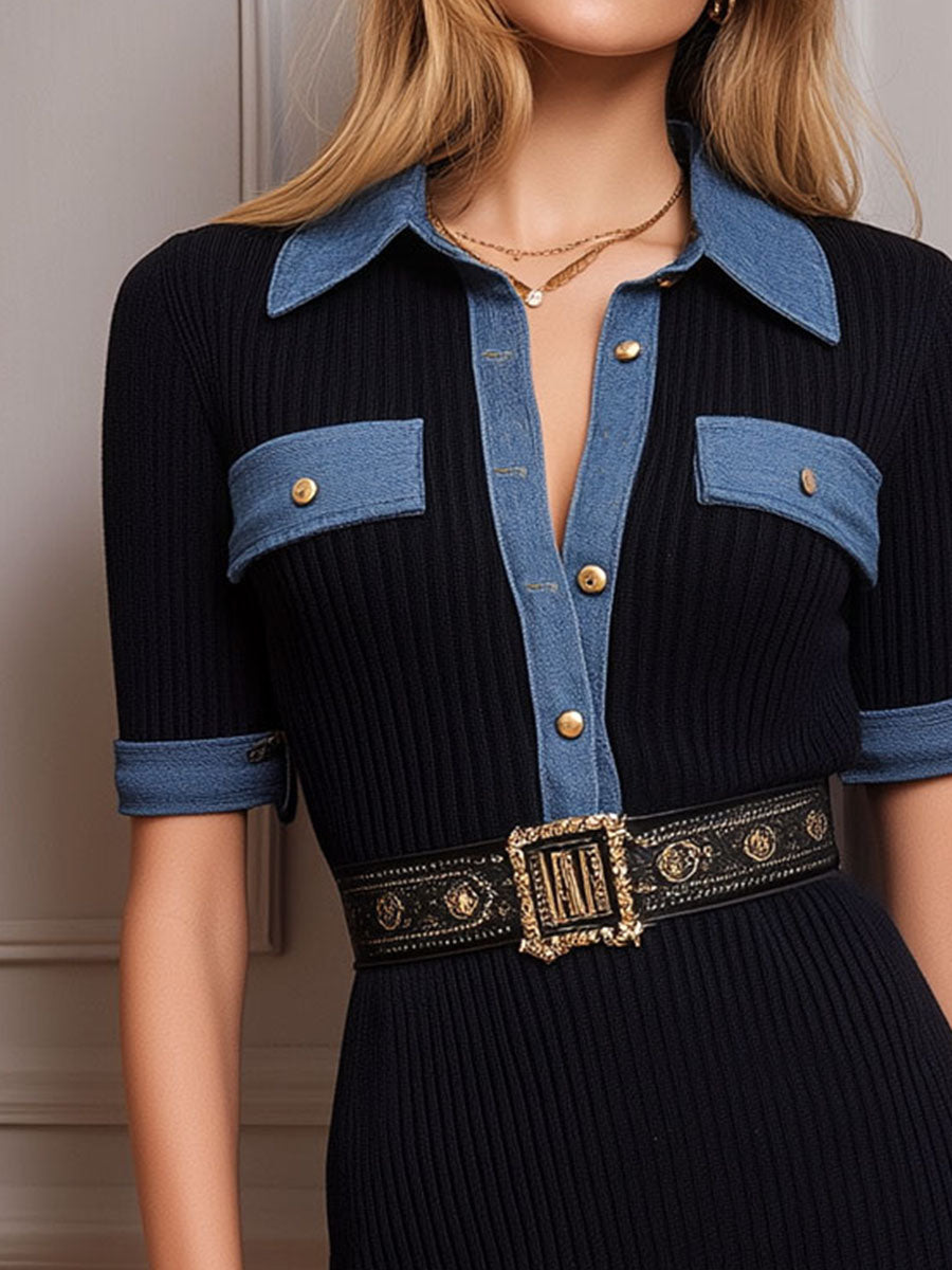 Retro Black Ribbed Knit Mini Dress With Contrast Denim Trim