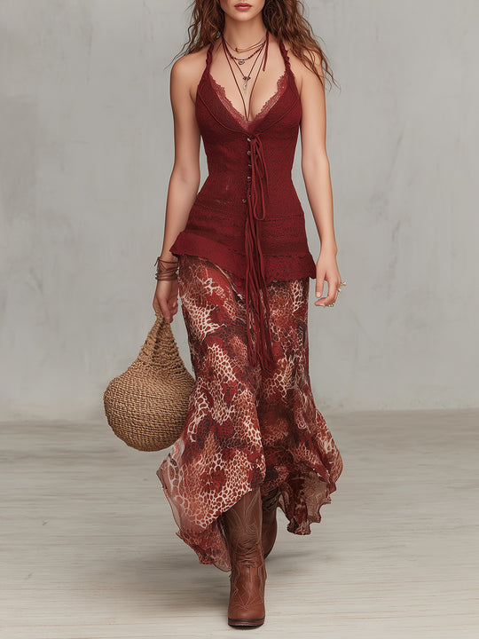 Elegant Lace Splicing Leopard Print Maxi Dress