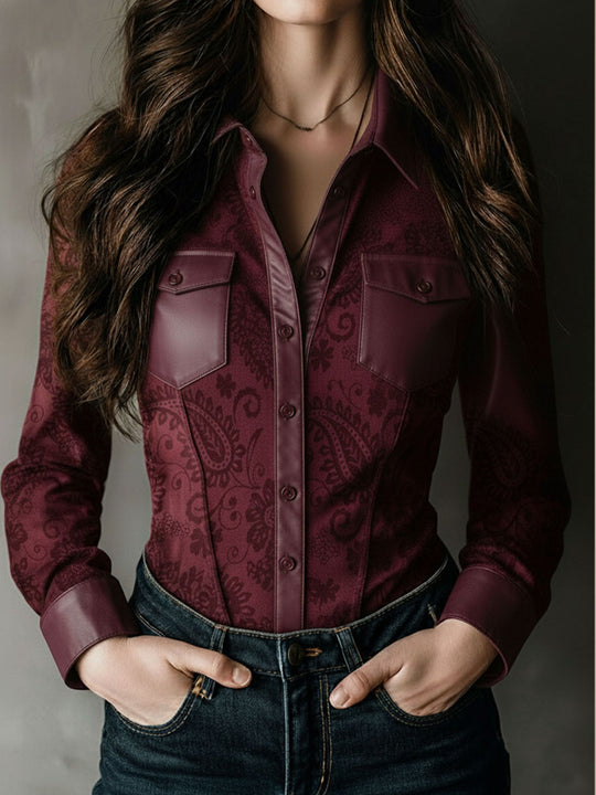 Western Charm Burgundy Paisley Embossed Blouse