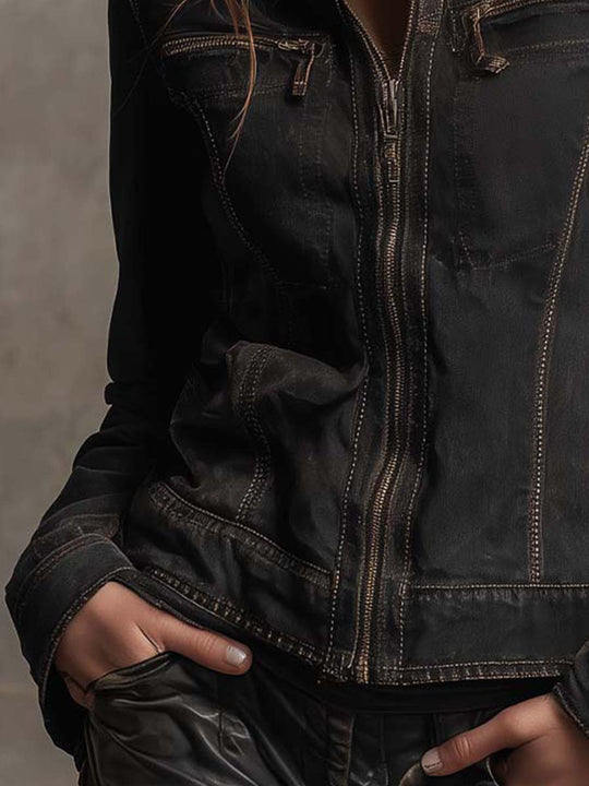 Vintage Washed Denim Jacket With Accentuated Shoulder Line