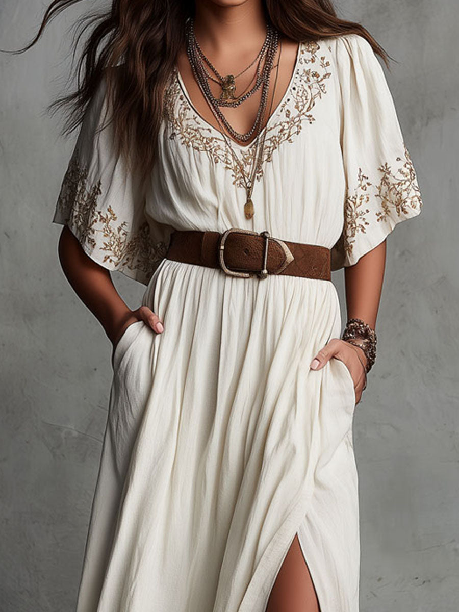Boho Ivory Embroidered Maxi Dress With Side Slit