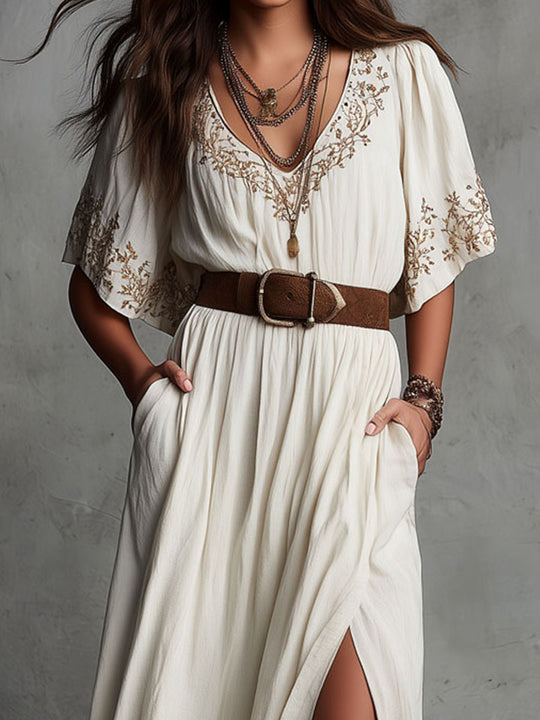 Boho Ivory Embroidered Maxi Dress With Side Slit