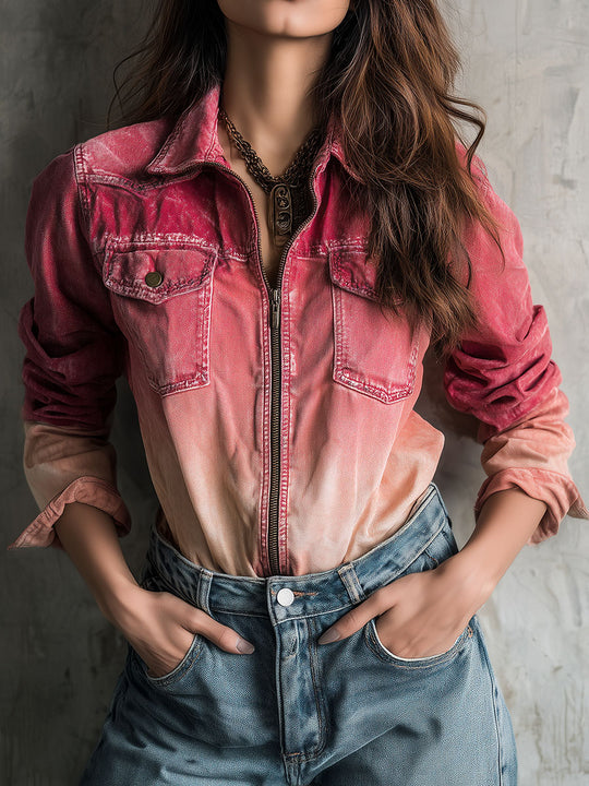 Western Faded Wash Ombre Red-to-Blush Denim Zip Jacket