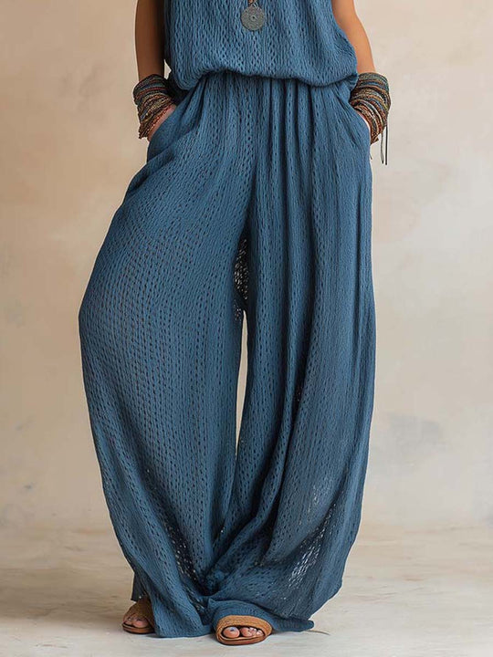 Bohemian Casual Textured Sleeveless Top & Wide-Leg Pants Set