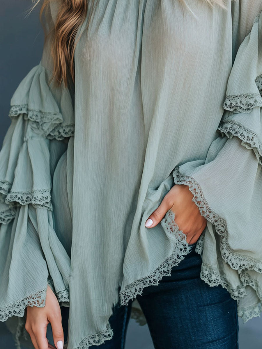 Boho Sage Green Crinkle Chiffon Tunic Top With Lace Ruffle Bell Sleeves