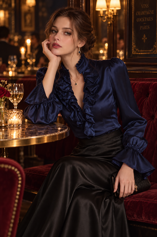 Quiet Luxury Navy Satin Ruffle Collar Blouse With Bell Sleeves
