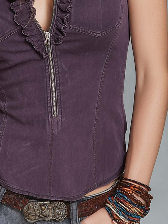 Retro Ruffled Collar Zip-up Short Sleeves Denim Blouse