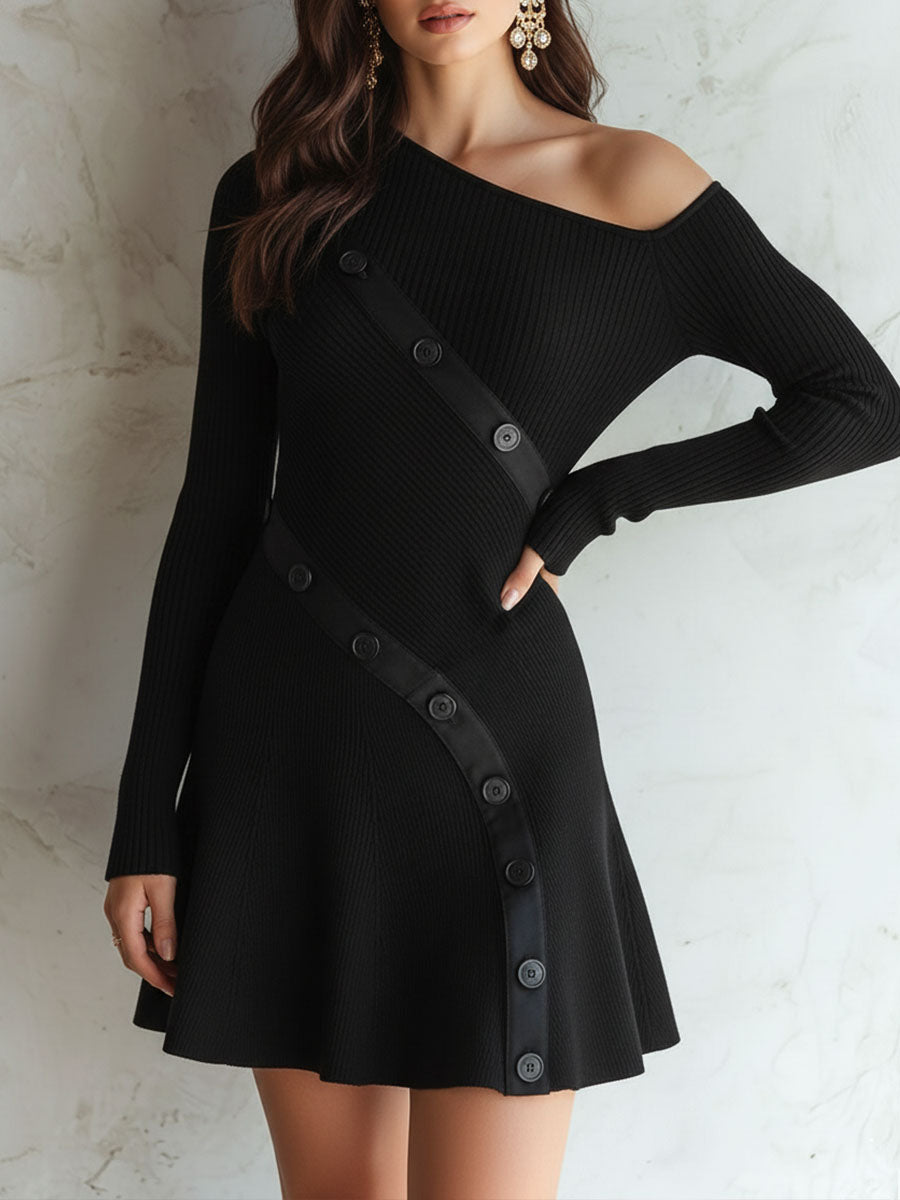 Asymmetric Off-Shoulder Black Ribbed Knit Mini Dress