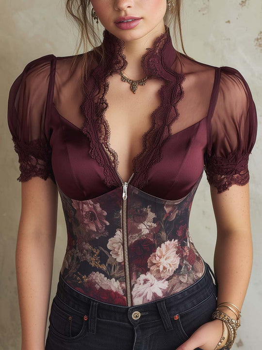 Retro Oil Painting Printed Sheer Sleeves Polyester Satin Blouse