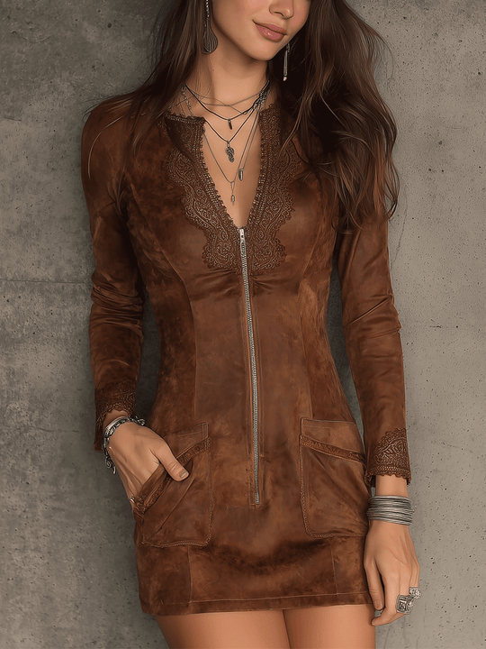 Vintage Caramel Brown Lace Trim And Zip Front Suede Mini Dress