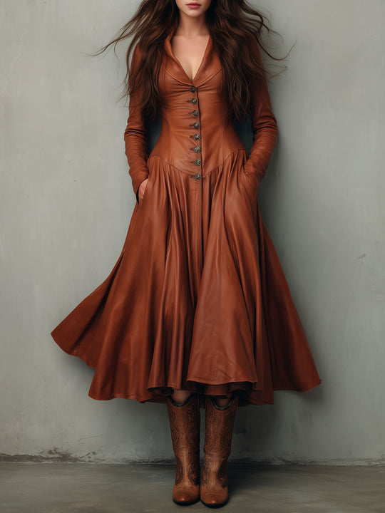 Vintage Button Chestnut Eco Leather Fit-and-Flare Midi Dress