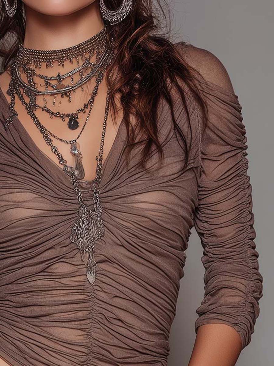 Earth Brown Ruched Sheer Mesh Boho Top