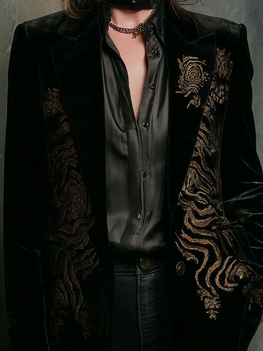 Quiet Luxury Tiger Pattern Gold Embroidered Polyester Velvet Blazer