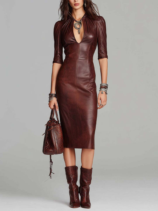 Sculpted Eco-Leather Keyhole Midi Dress – Spiced Apple