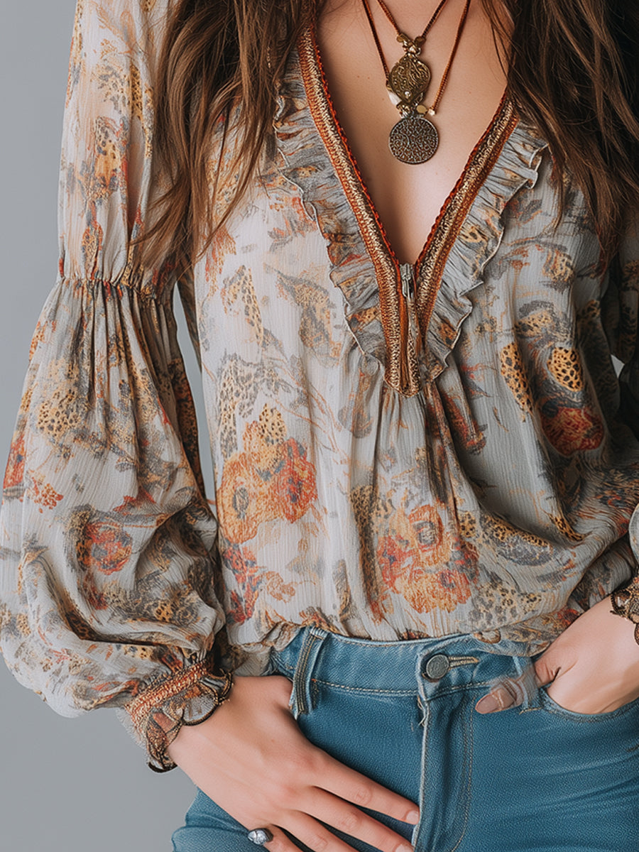 Bohemian Leopard Print Ruffled Front Zip Blouse