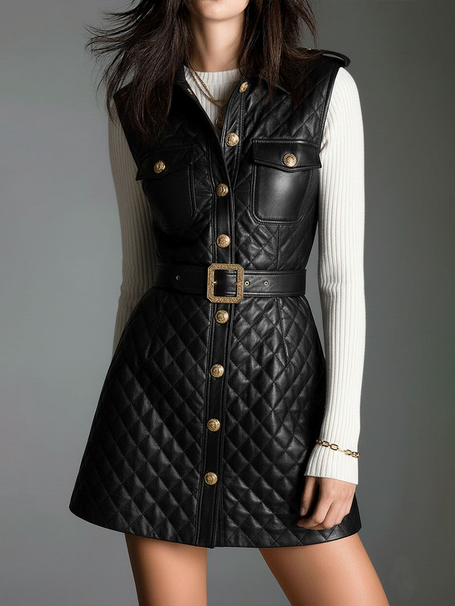 Chic Diamond-quilted Padded Eco Leather Sleeveless Mini Dress