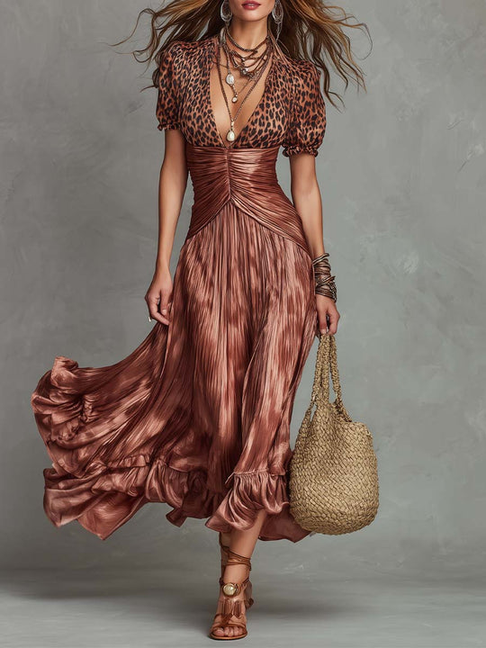 Leopard Print Pleated Midi Dress