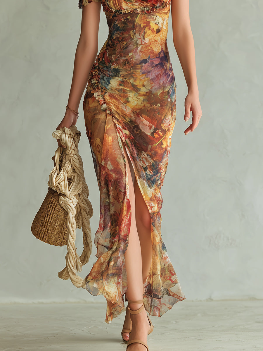 Boho Holiday Oil Painting Printed Chiffon Maxi Dress
