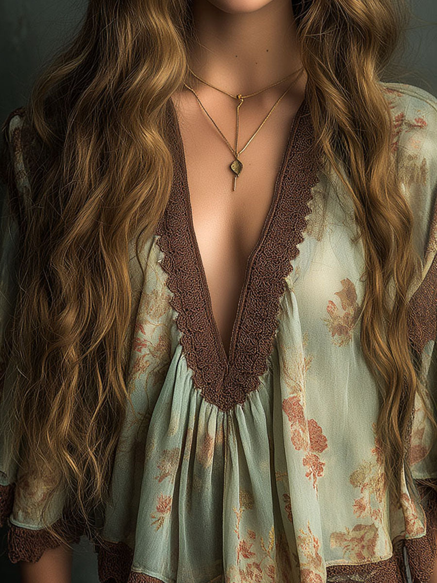 Vintage V-Neck Floral Chiffon Lace Trim Blouse With Bell Sleeves