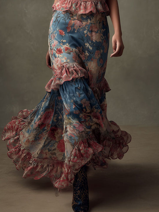Romantic Floral Halter Sheer Ruffled Gown Maxi Dress