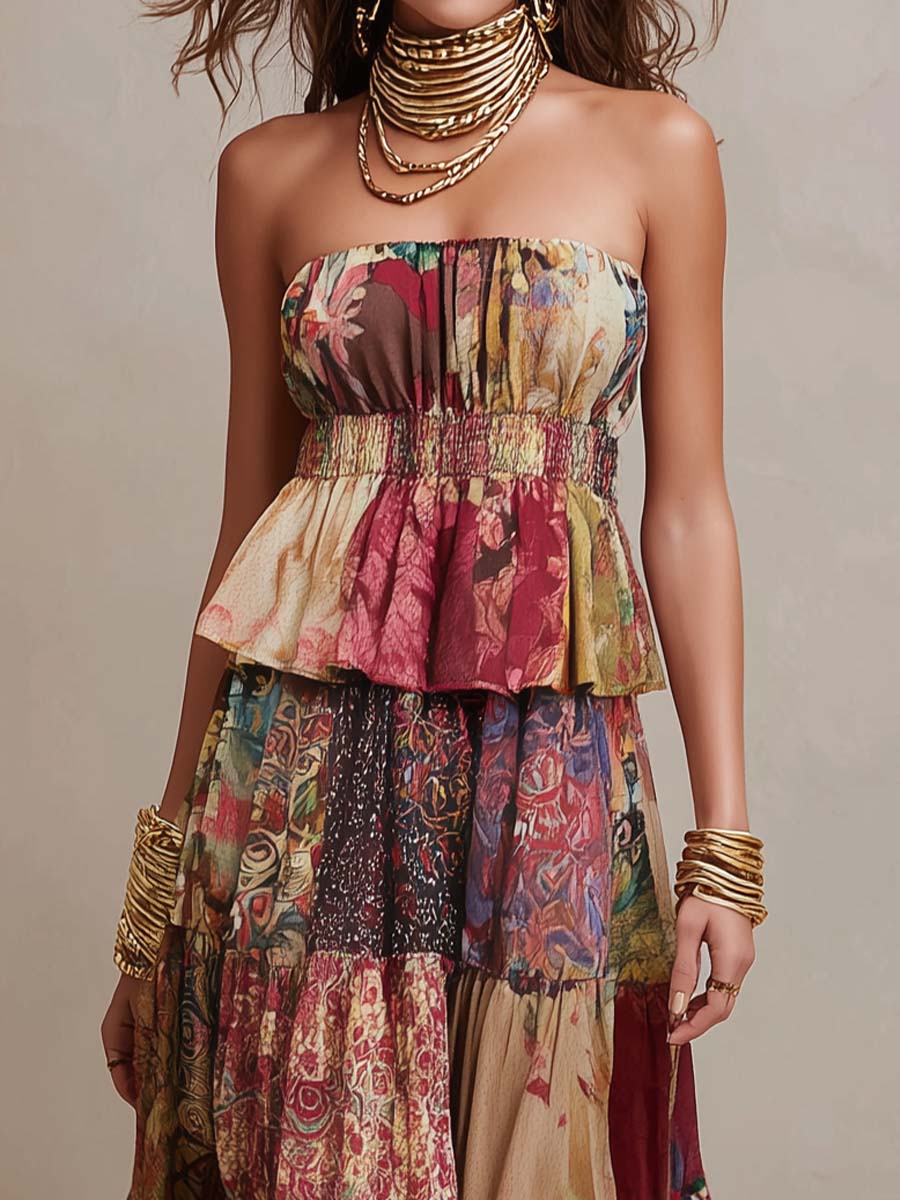 Bohemian Strapless Patchwork Print Tiered Maxi Dress