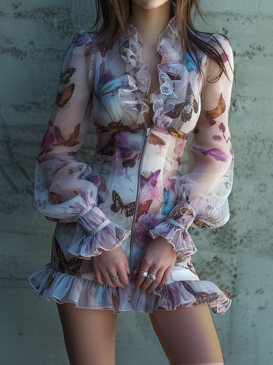 Chic Boho Zip Front Sheer Butterfly Print Ruffle Mini Dress