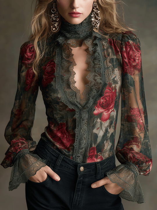 Vintage Romantic Rose Floral Lace Sheer Blouse