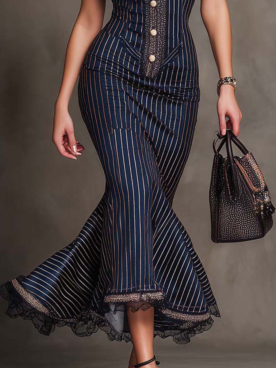 Elegant Vintage Pinstripe Lace Trim Midi Dress