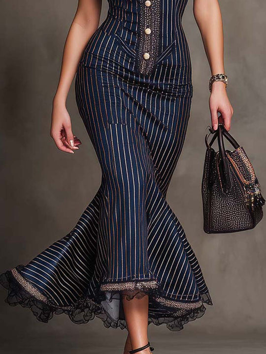 Elegant Vintage Pinstripe Lace Trim Midi Dress