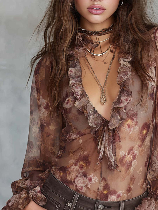 Retro Floral Ruffle Collar Chiffon Blouse